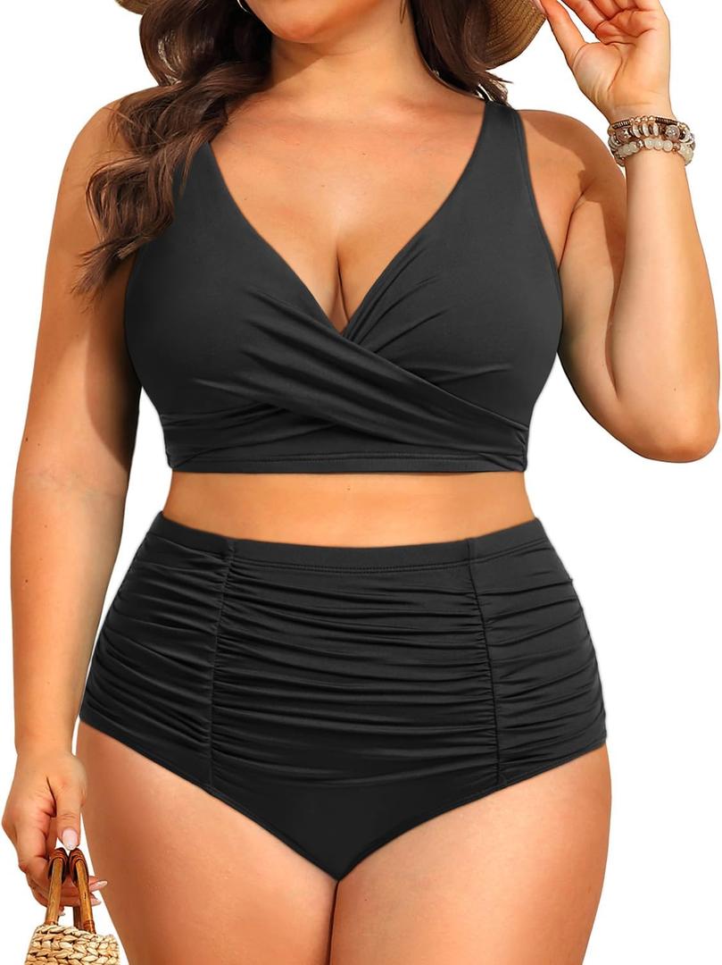 Holipick Two Piece Plus Size Swimsuits for Women High Waisted Bikini Tummy Control Bathing Suits Twist Front Swimwear, 20W (Black)