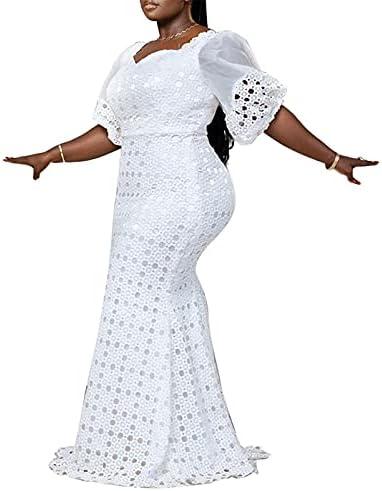 Cololura Elegant Plus Size Lantern Sleeve Hollow Bodycon Formal Gown Maxi Dress 3XL