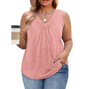 DOLNINE Plus Size Womens Tank Tops Summer V Neck Sleeveless Shirts Pleated Fashion Loose Fit Blouses Clothes Coral 5XL