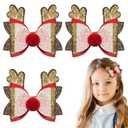 GREENTEA 3 Pack Deer Christmas Glitter Hair Bow Clips, Gold Sequin with Red Accent, Christmas Holiday Hair Accessories, for Girl Woman Decor