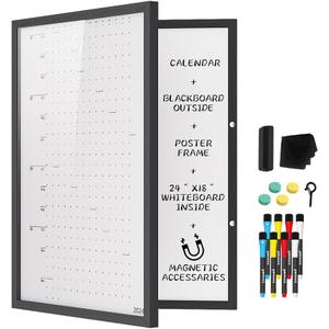INNOVART Hidden Magnetic Dry Erase Whiteboard 24x18, Secret Dry Erase Board, Secret Marker Board Poster Frame w/Chalk Board Surface, Foldable Whiteboard Includes Poster, Acrylic Protect Film, Maker
