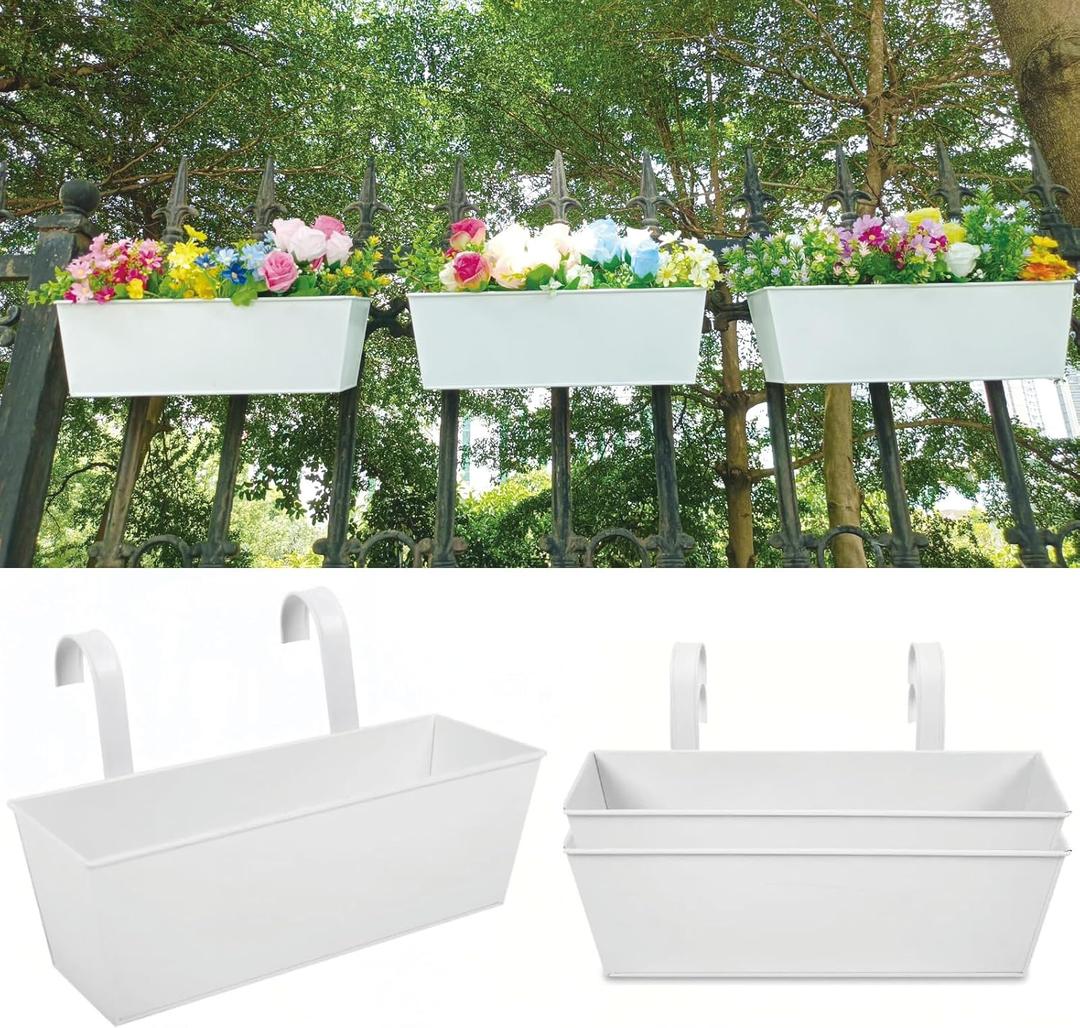 3 Pcs Large Hanging Flower Pots for Railing Or Fence 16 Inch Railing Planter Box for Any Balcony, Porch or Deck Countryside Style Window Planter Boxes Are Perfect to Herbs & Flowers for Garden (White)