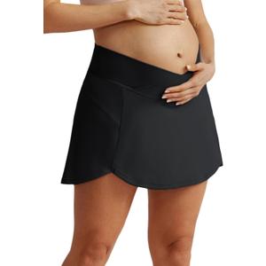 Maacie Maternity Tennis Golf Skorts Built-in Short with Pockets Cross Waist Low-Rise (Black, S)