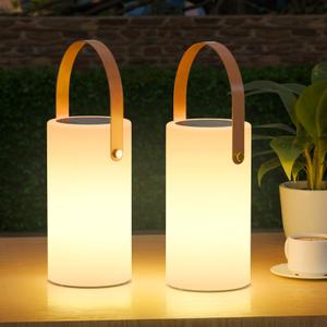 2-Pack Solar Table Lamp Outdoor Water-Resistant LED Portable Solar Lantern Warm RGB Rechargeable Cordless Lights for Patio Deck Camping