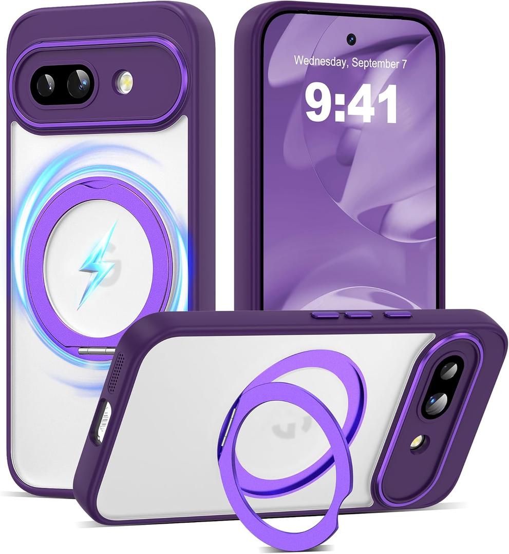 Compatible with Google Pixel 9a Case with 360 Magnetic Stand [Compatible with Mag-Safe ][Camera Lens Protector] Shockproof Translucent Phone Case for Google Pixel 9a 6.3'',Purple