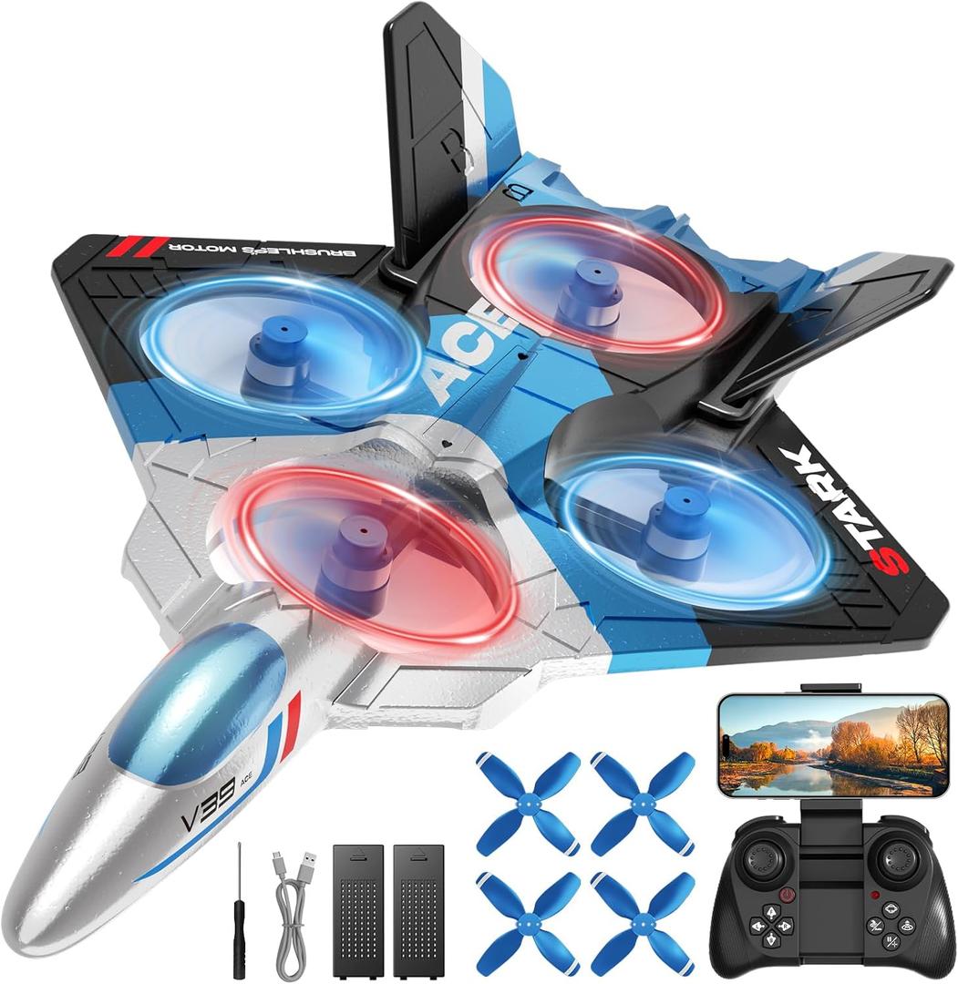 4DRC V39 Foam Remote Control Airplanes RC Planes with Camera,RC Airplane Fighter Jet with Light,Gravity Control, Auto-Follow, Trajectory Flight,One Key Take Off, 2 Batteries,Blue