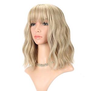 FAELBATY Blonde Wave Short Bob Wigs With Air Bangs Shoulder Length Wig For Women and Girls Curly Wavy Synthetic Cosplay Costume Wig (12" Mix blonde and gold)