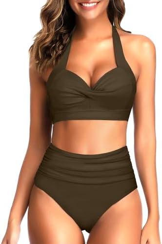 Tempt Me Women Two Piece Vintage Swimsuit Retro Halter Ruched High Waist Bikini with Bottom Medium