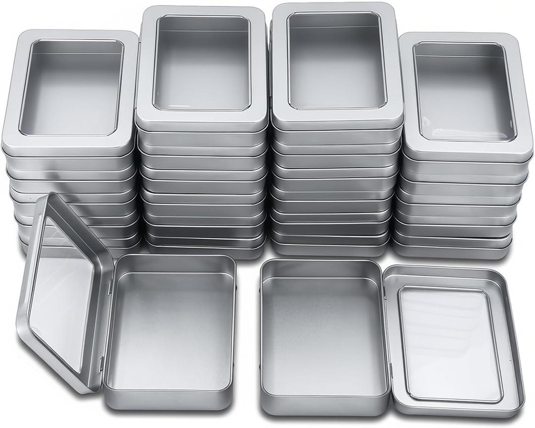 Goodma 24 Pieces Rectangle Metal Tins Containers with Hinged Window Lids Mini Storage Organizer Set for Home Kitchen, Office and School Supplies, 4.5 x 3.3 x 0.9 inch (Silver)