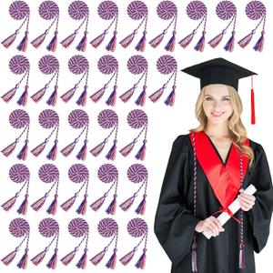 Woanger 30 Pcs 2026 Graduation Cords 67 Inch Braided Honor Cord with Tassels for College Graduation Students Bachelor Master Doctor Grad Decor(Red Blue with White)