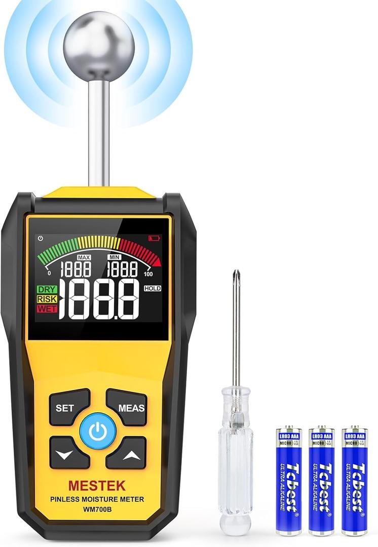 MESTEK Pinless Wood Moisture Meters for Non-Destructive Moisture Detector in Drywall, Wood, and Masonry, Backlit Color LCD Display and Alarm Moisture Reader Tester,Detects up to 20-40mm Below Surface