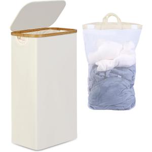 Slim Laundry Basket with Lid, Narrow Laundry Hamper with Removable Bag, Skinny Dirty Clothes Basket with Bamboo Handles for Bathroom, Bedroom & Laundry Room, 75L Beige