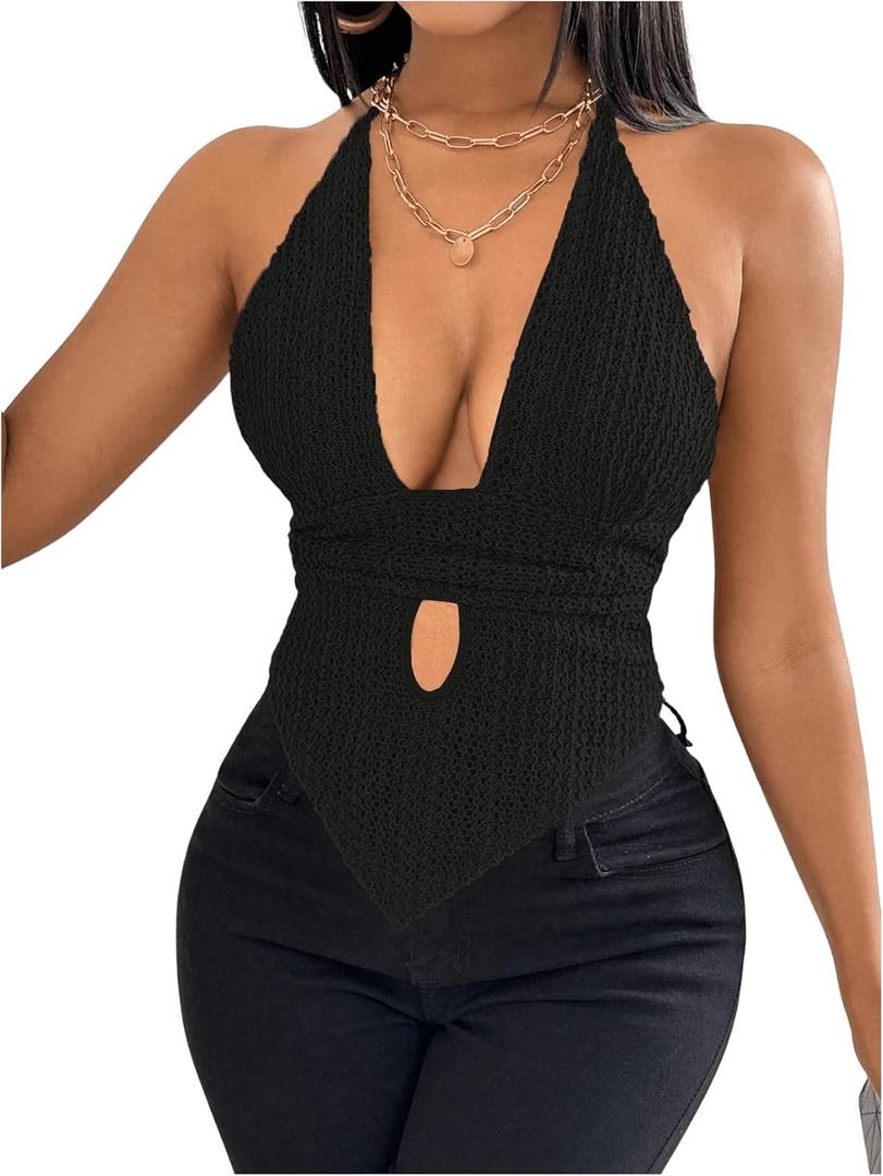 SOLY HUX Women's Deep V Neck Cut Out Halter Top Tie Backless Asymmetrical Hem Summer Tops (Large, Plain Black)