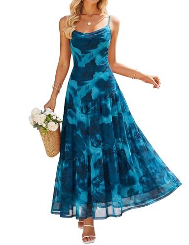 ZESICA Women's Summer Floral Sleeveless Maxi Dress 2026 Boho Mesh Spaghetti Strap Flowy Beach Wedding Guest Long Dresses (Lake, XL)