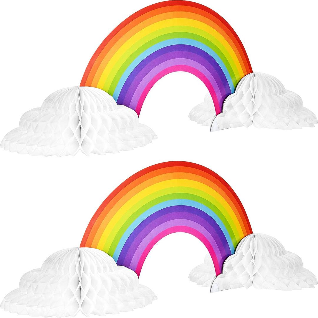 WILLBOND 2 Pieces Rainbow Honeycomb Paper Centerpiece Rainbow Party Table Decoration Cloud No Crease Converting Centerpieces for Tables Christmas Birthday Party