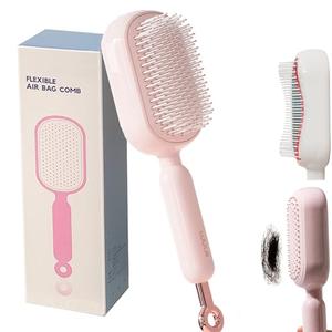 Retractable Cushion Massage Comb, Self-Cleaning Hair Brush with One-Pull Design, Anti-Static Detangling Brush for Long, Curly, Thick Hair (1 Pink)