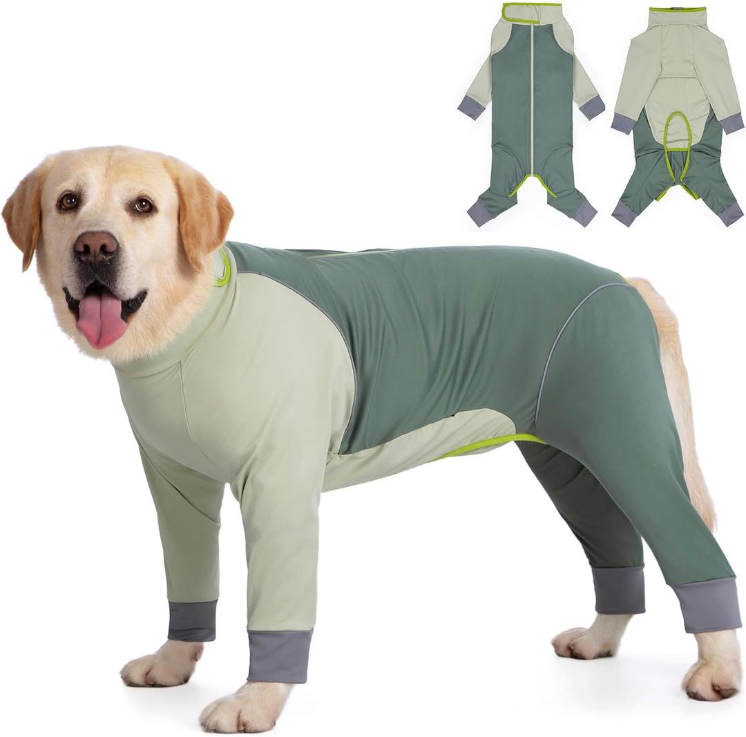 Dog Onesie Coat - Water-Repellent & Stretchable, Dirt-Resistant Outdoor Puppy Suit with Reflective Strips | Controls Shedding | for Small, Medium, Large Dogs (Olive Green, 3XL(Weight 33-53 lbs))