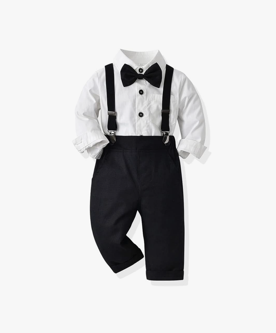 DOPIP Toddler Kids Baby Boys 1st Christmas Outfit Gentleman Striped Shirt with Bowtie +Long Suspender Pants Overalls Clothes 18-24 M