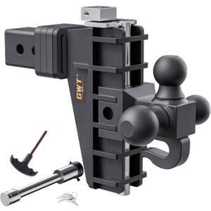 Adjustable Trailer Hitch with Hook, Tri-Ball (1-7/8" x 2" x 2-5/16") Drop Hitch, Fits 2.5-Inch Receiver, 6 Inch Drop Hitch, 18500 LBS GTW-Class 3 Tow Hitch for Heavy Duty Truck, Black