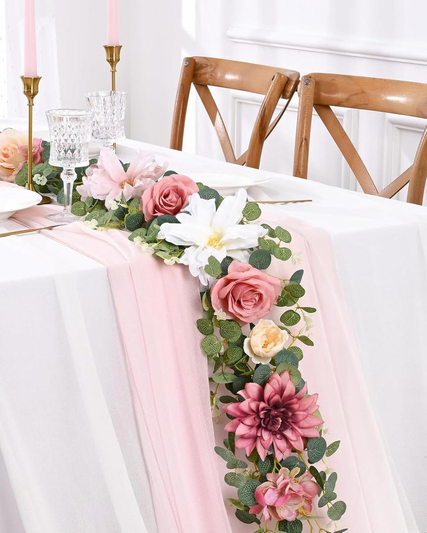 Flower Garland Decorations, 6.07Ft Pink Floral Rose Garland, Artificial Eucalyptus Greenery Vines with Flowers for Wedding Table Runner Centerpieces Backdrop Room Decor (Pink) 2 Pack