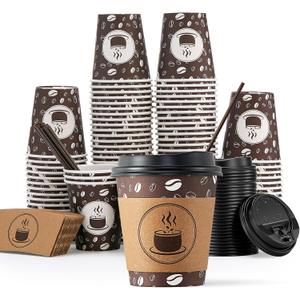 JOLLY PARTY 10oz(100 Pack) Disposable Coffee Cups with Lids, Sleeves and Straws - Paper Coffee Cups with Lids, Hot Cups for Shops, Cafes, and Concession Stands(Dark Brown)