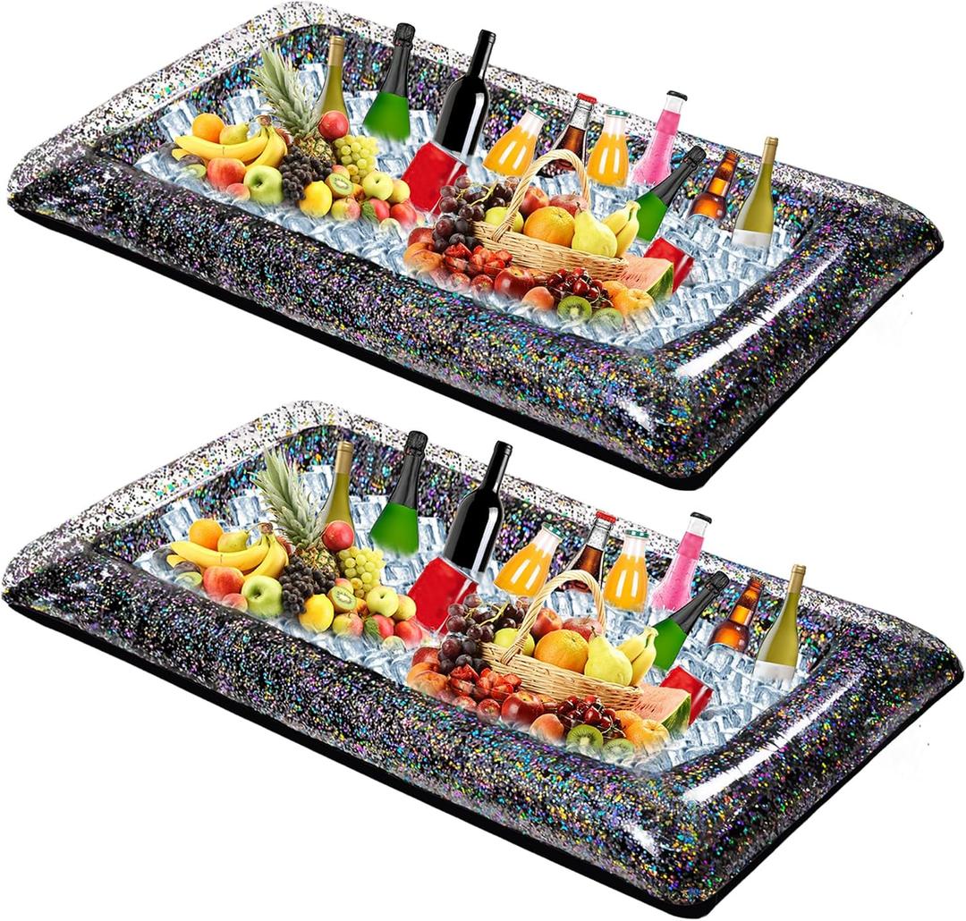 2Pcs Inflatable Serving Ice Bar, Oversized Serving Buffet Salad Cooler Food Drink Containers BBQ Picnic Luau Pool Party Supplies with Drain Plug
