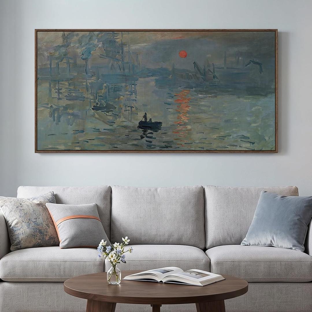 Large Framed Monet Impression Sunrise Wall Art for Living Room, 60x30 Inch