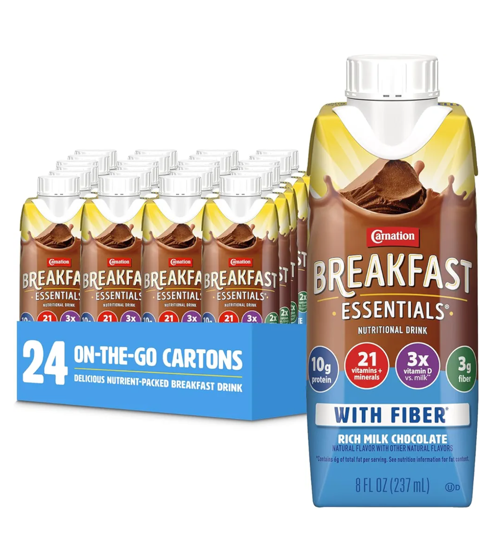 Carnation Breakfast Essentials Ready to Drink with Fiber, Rich Milk Chocolate, 8 FL OZ Carton, BBD: 18 May 2026 (Pack of 24)