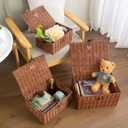 Set of 3 Woven Wicker Storage Basket Box with Lids & Lock, Built-in Carry Handles, Multifunctional Storage Organizer for Nursery, Baby, Clothes, Toys, Books, Large/Medium/Small Size (Natural)
