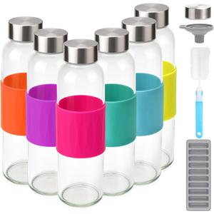 Zukro 18 oz Glass Water Bottles with Lids, 6 Pack Leak Proof Juice Bottles With Stainless Steel Cap for Juicing, Smoothie, Homemade Beverages Container, Reusable Drinking Jar with Grip Band, BPA Free