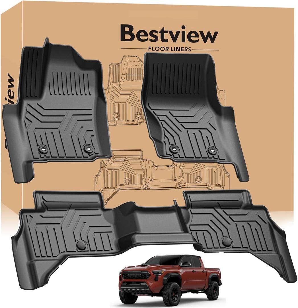 Floor Mats for Toyota Tacoma 2024 2025 - Bestview Double Cab Floor Mats fit Front&Rear Row, 3PCS All Weather Floor Liners Car Mats with TPE Trucks Mats/Tacoma Accessories(Not fit Hybrid), Black