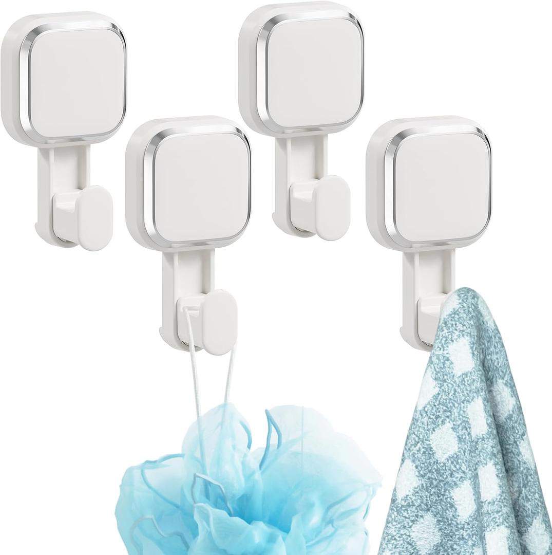 TAILI 4 Pack Suction Cup Hooks for Inside Shower, Powerful Vacuum Suction Shower Holders for Towel, Loofah, Clothes, Damage Free Hanging Versatile Utility Wall Hooks, Easy to Install and Remove, White