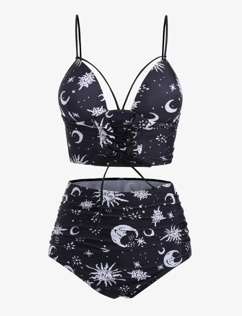 DRESSFO Women's High Waisted Bikini Sets Two Piece Padded Retro Vintage Tummy Control Swimsuit Gothic Bathing Suit L