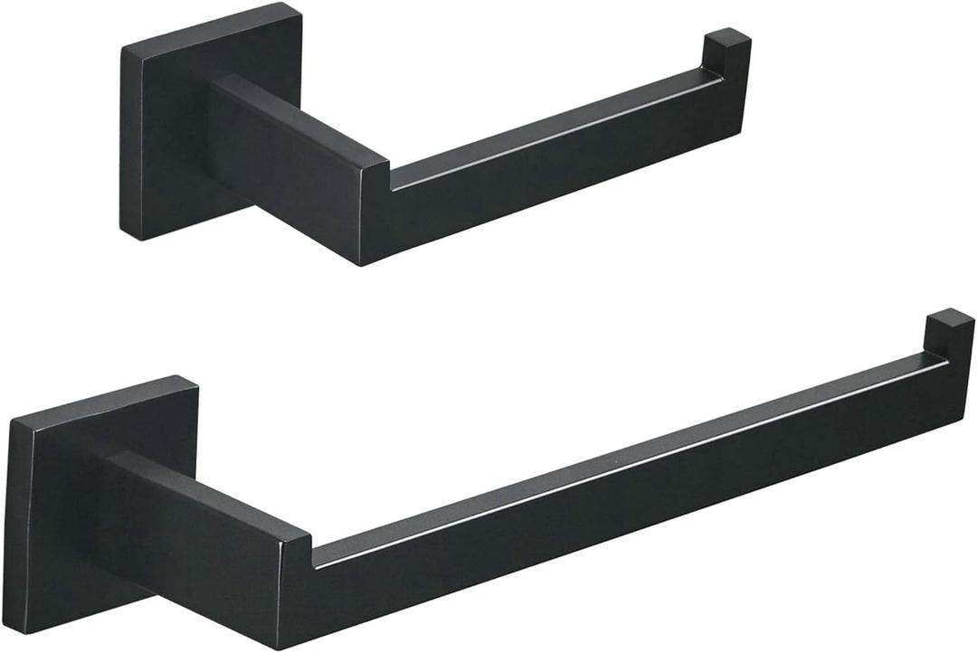 SHUNLI Black Toilet Paper Holder + Hand Towel Holder, 2 Pieces Bathroom Hardware Accessories Set, Towel Ring Towel Bar Wall Mounted, SUS304 Stainless Steel