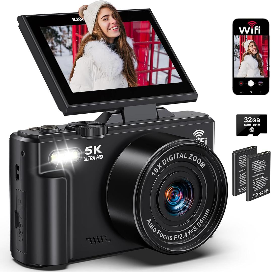 5K Digital Camera for Photography - 75MP WiFi Vlogging Camera for YouTube - UHD 18X Zoom Digital Cameras with Flip Screen 3" 180 - Travel Flash Camara for Beginners & Adults (Black White)