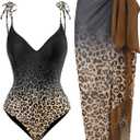 Womens One Piece Swimsuit with Cover Up Sarong Wrap Bathing Suits for Women Modest Swim Suits with Cover Up Set Retro Swimwear Slimming Two Piece Swimsuits Gradient Leopard Medium