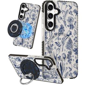 Lotadilo for Samsung Galaxy S24 Plus Case for Women - Girls Cute Design Compatible with Magsafe Magnetic Ring Holder Stand Line Flower Phone Covers Aesthetic Girly TPU Funda for S24 Plus