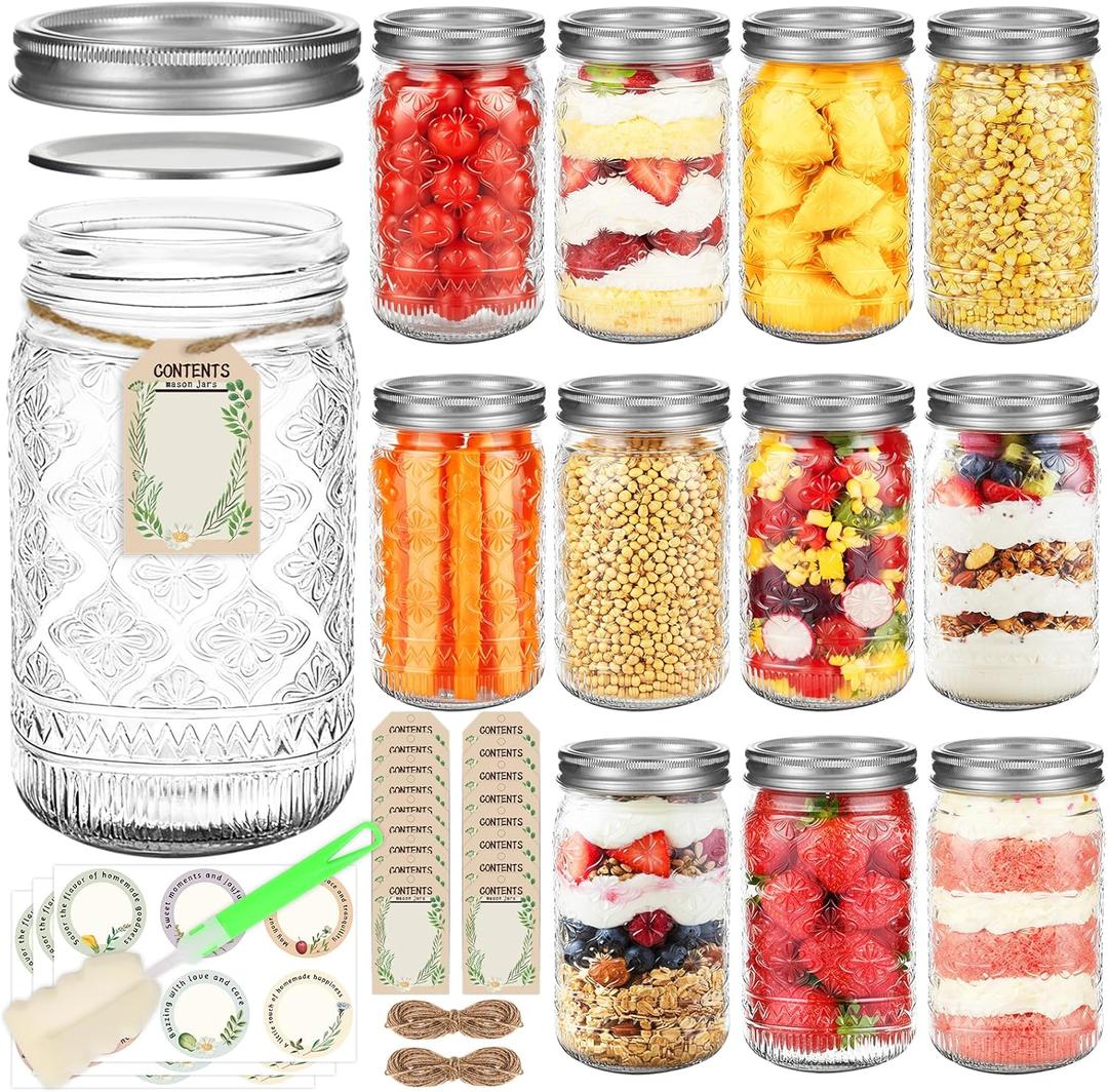 32 oz Mason Jars with Airtight Lids and Bands, 12-Pack with Wide Mouth, Rustic Stickers & Tags, Quart Glass Canning Jars for Pickling, Food Storage, Fermentation,Overnight Oats