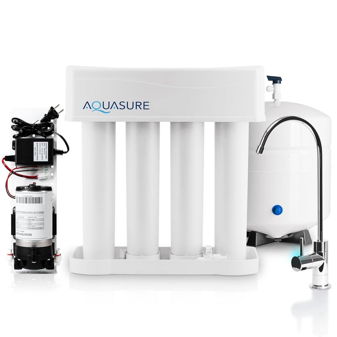 Aquasure 4-Stage Reverse Osmosis Water Purification System with Booster Pump, NSF Certified, Polypropylene Material, Removes 99.99% of Contaminants, 0.0001 Micron Membrane
