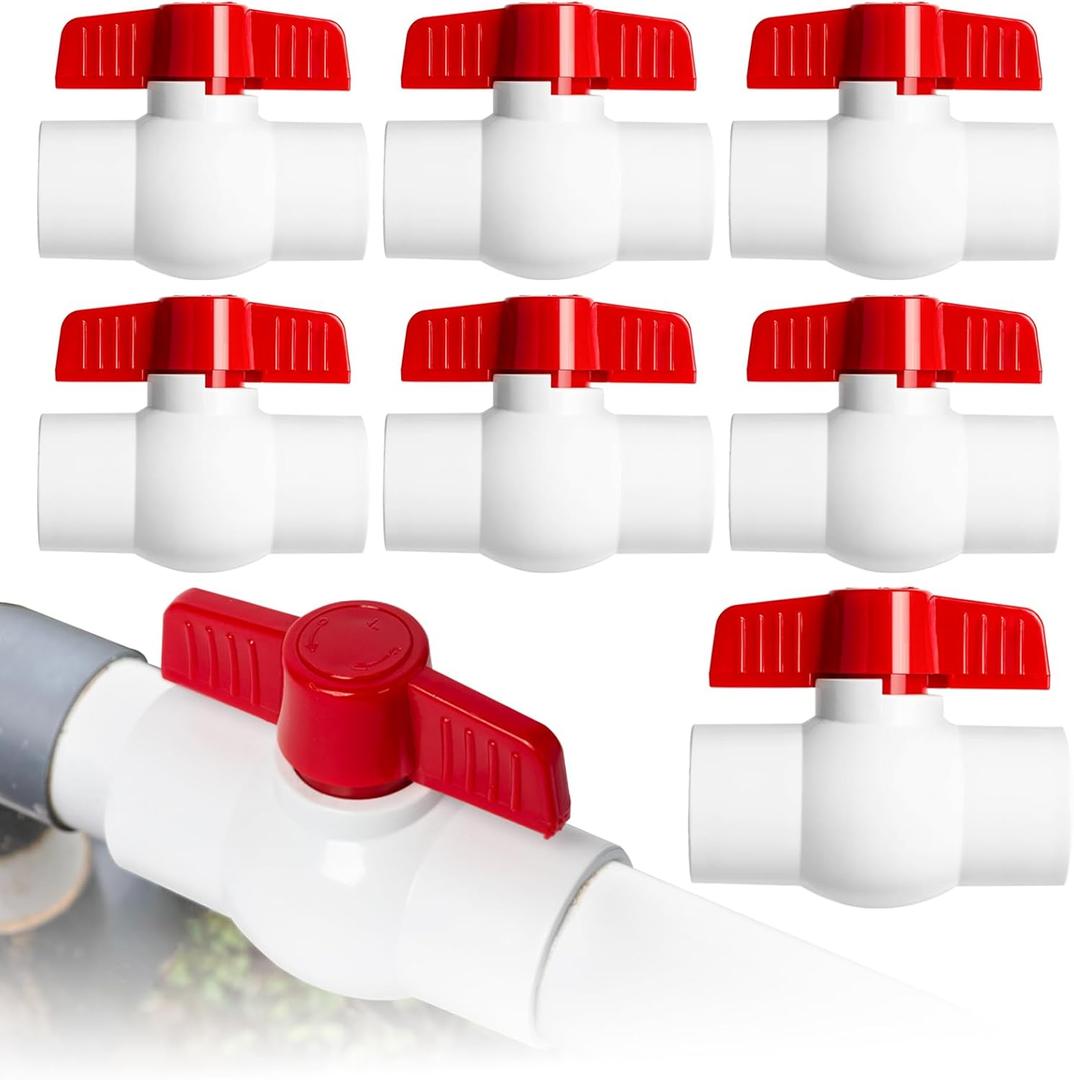 8PCS 3/4" PVC Ball Valve, Shut-Off Ball Valves Socket with Easy Turn Red T-Handles, Slip PVC Valve for Water Project, Swimming Pool, Sewage Pump, Sprinkler Lines, Outdoor Plumbing & Irrigation System