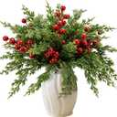 Watayo 45 Pcs Christmas Artificial Pine Branches with Red Berry Stems, 10.5" Faux Evergreen Norfolk Pine Cypress Leaves Stems, Fake Foliage Pine Needles Picks for DIY Craft Garland Home Decor