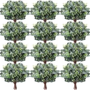 Janinka 60 Pcs Mixed Eucalyptus Leaves Stems Bulk Artificial Eucalyptus Leaves with White Seeds Artificial Silver Dollar Sprays Faux Oval for Floral Wreath Bouquets Wedding Greenery Decoration