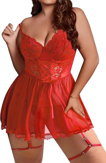 Women Plus Size Lingerie Mesh Babydoll Dress Sexy Lace Nightgown Lace Up Sleepwear Nighty with Gater Belt (Red, XL)