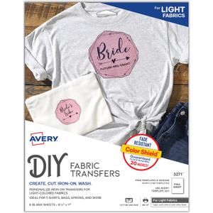 Avery Printable Heat Transfer Paper for Light Fabrics, 8.5" x 11", Inkjet Printer Compatible, 6 Sheets of Iron On Transfer Paper, Great for Custom Shirts, Uniforms, Gifts, and More (3271)