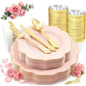 NOCCUR 175PCS Pink Plates with Gold Disposable Silverware - Include 50 Pink Plastic Plates,25 Knives,25 Forks,25 Spoons,25 Cups and 25 Napkins - Ideal for Party/Wedding/Mother's Day
