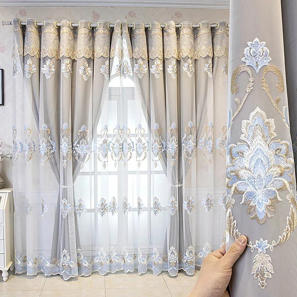 Amidoudou 1 Pair European Double Layer Curtains with Valances for Living Room Luxury Jacquard Curtains for Bedroom (Grey,63x84 Inch)
