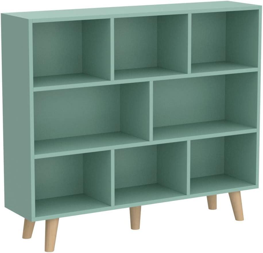 IOTXY Wooden Open Shelf Bookcase - 3-Tier Floor Standing Display Cabinet Rack with Legs, 8 Cubes Bookshelf, Tiffany-Green | Display Cabinet, Rack, with Legs, Bookshelf (100CM)
