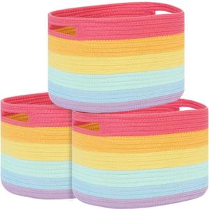 Temary Woven Baskets for Storage 3 Pack Storage Baskets for Organizing, Rectangle Decorative Rope Baskets for Storage Clothes, Towels, Storage Bins with Handles (Rainbow, 13"x9.8"x8.5")