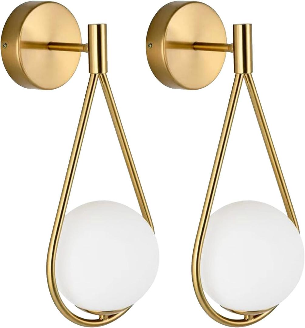 Mid-Century Modern Wall Sconces Set of 2, Gold Wall Sconce with Milky White Glass Globe Shade, Brushed Brass Globe Wall Light for Bathroom Bedroom Hallway
