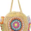 Tote Bag, Bohemian Straw Bag, Large Capacity Beach Bag, Colorful Floral Woven Bag, Shoulder Bag for Women Travel Vacation Work Daily Matching(Beige)